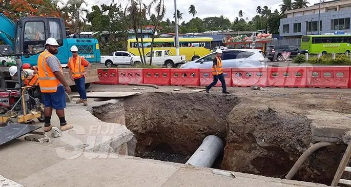 Water Authority of Fiji workers working on Ratu Mara Road in Nabua. Photo: Shalveen Chand