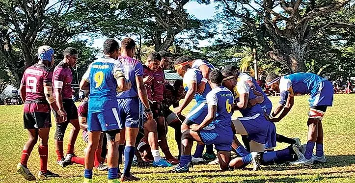 Fiji Secondary Schools Western zone rugby Under-16 forwards of Ra High School, left steady themselves for a scrum against Natabua High School in their quarterfinal match in Lautoka on July 8, 2023. Natabua won 20-8.