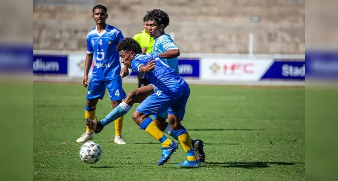Lautoka striker Aporosa Yada in a tussle against Tailevu/Naitasiri during the Digicel Premier League at the HFC Bank Stadium, Suva, on August 7, 2022. Photo: Leon Lord.