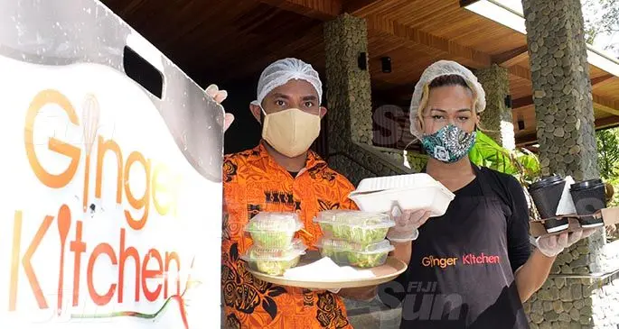 Ginger Kitchen staff Suliasi Turagabeci and Sophie Marseu ready with their customer takeaway packs on April 23, 2021. Photo: Ronald Kumar