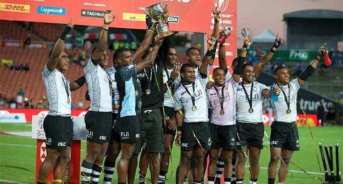 Fiji Airways Fijian 7s reps (from left) Eroni Sau, Paula Dranisinukula, Apenisa Cakaubalavu, Sevuloni Mocenacagi, Josua Vakurinabili, captain Seremaia Tuwai, Mesulame Kunavula, Alosio Naduva, Vatemo Ravouvou and Amenoni Nasilasila celebrate their win on February 4, 2018 at the Hamilton 7s. They were crowned champions after beating South Africa 24-17.  Photo: Bruce Southwick/ZoomFiji