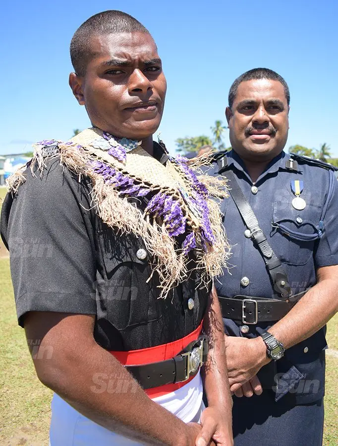 Like Father, Like Son...SSP Aporosa Lutunauga (right) wiith son, Timoci Lutunauga after the Police basic recruit passout parade at Nasova ground on September 11, 2020. Photo: Ronald Kumar.