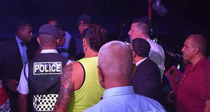 Joseph Kwadjo confronts referee Justin Kennedy after the fight at Prince Charles Park in Nadi on Saturday night. Photo: WAISEA NASOKIA