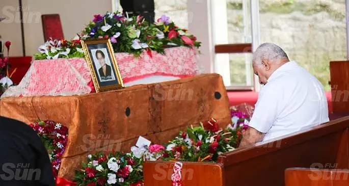Prime Minister Voreqe Bainimarama paying his final respects to the late Selaima Veisamasama at Calvary Temple in Samabula on April 18, 2020. Photo: Kelera Sovasiga