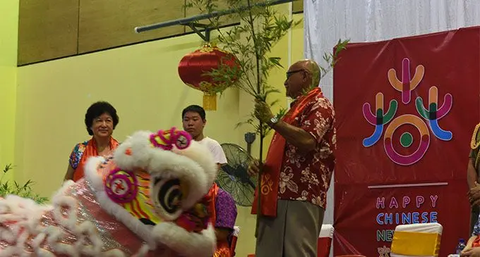 President Major General (ret’d) Jioji Konusi Konrote (right), with the Fijian Chinese Association president Jenny Seeto (left), at the Chinese New Year Celebration at the Yat Sen Hall in Suva on February 11, 2018.  Photo: Lusiana Tuimaisala