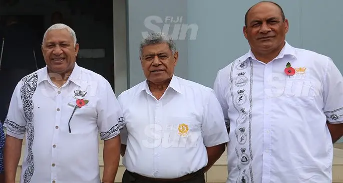 From left: Prime Minister Voreqe Bainimarama, Inoke Luveni and the Acting Commander of the Republic of Fiji Military Forces (RFMF) Naval Division, Commander Marika Vosawale, after the church service at the Stanley Brown Naval Base in Walu Bay, Suva, on November 3, 2019. Photo: Kelera Sovasiga