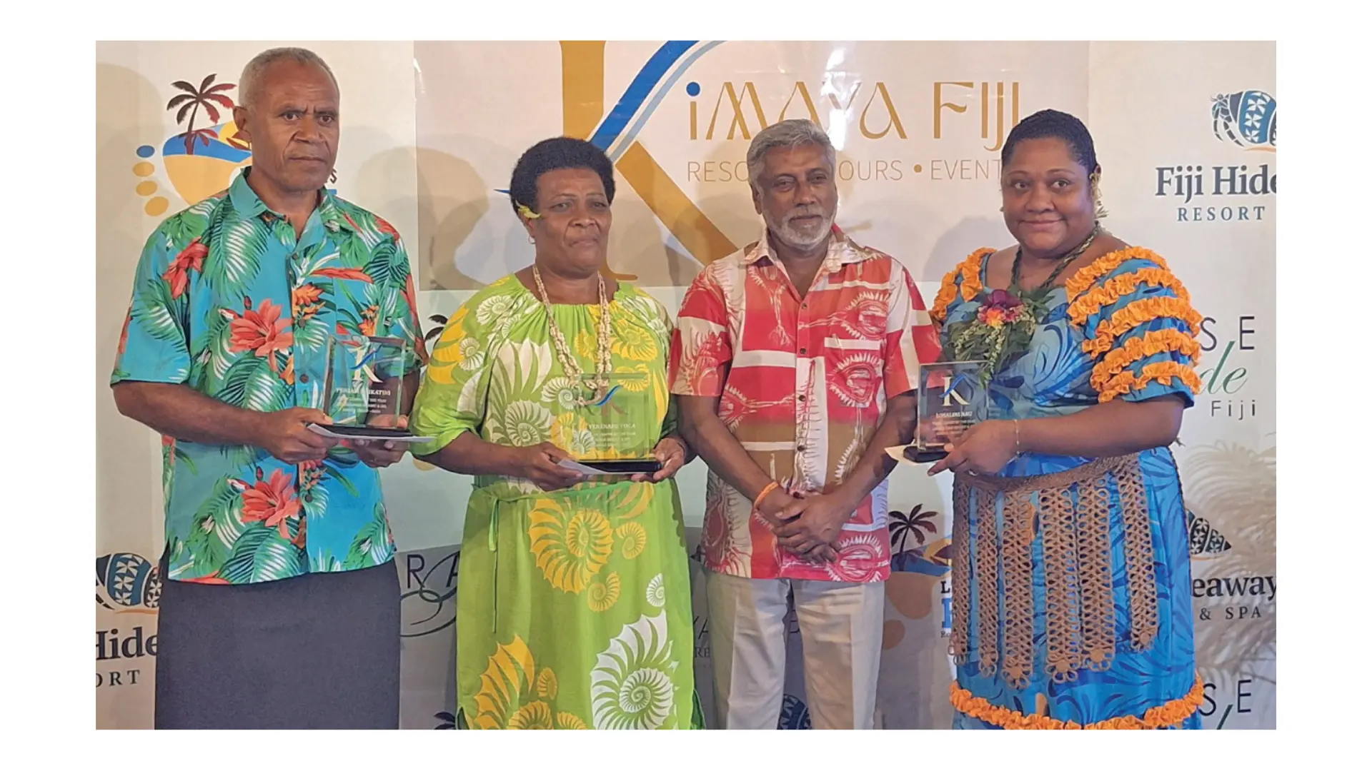 Kimaya Fiji’s managing director Damend Gounder (fourth from left) with the awardees at the Kimaya Awards Night 2026 at Landers Bay Resort and Spa in Vuda, Lautoka. Photo: Katherine Naidu