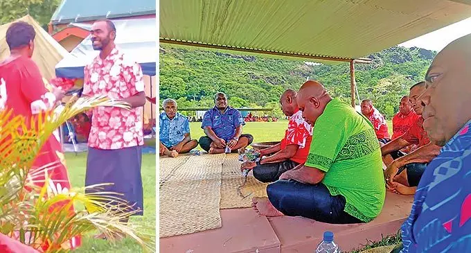 From left: FijiFirst party provisional candidate, Mosese Bulitavu enjoying a dance round with his relatives at Naduri Village in Macuata and also the FijiFirst party provisional candidate(R), Mosese Bulitavu’s sevusevu being accepted by the representative of the President and Tui Macuata at Naduri Village in Macuata on November 13, 2022