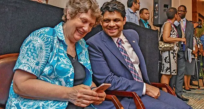 Former New Zealand Prime Minister Helen Clark and Attorney-General and Minister for Education Aiyaz Sayed-Khaiyum at the Commonwealth Education Ministers Conference at Sheraton Fiji Resort on Denarau Island, Nadi on February 20, 2018.  Photo: DEPTFO News
