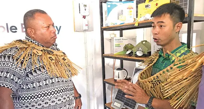 Minister for Rural and Maritime Development and Disaster Management, Inia Seruiratu (left), during the opening of Dawn Renewable Energy (Fiji) Pte Limited (DREL) store opening in Labasa, Vanua Levu. Photo: Shratika Naidu