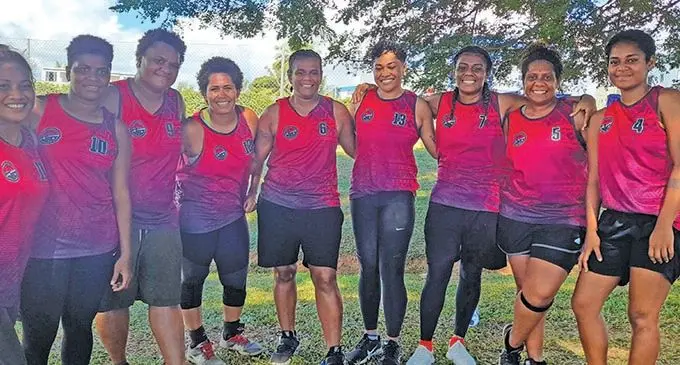 Lady Jets basketball team (from left) Geness Ram, Sala Tuivunilagi, Ani Baleiwai, Akosita Serukalou, Miri Davila, Elenoa Matau, Theresa Mesulame, Sera Vugakoto and Mafi Foiakau at the Fiji Airports hardcourt in Namaka, Nadi, on April 17, 2021.  Photo: Mereleki Nai