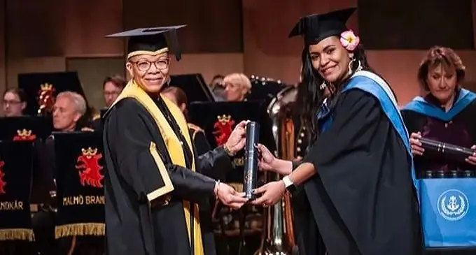 From left: President for World Maritime University Dr Cleopatra Doumbia-Henry and Alumita Cadramaisoso Lomalagi during the graduation ceremony at the World Maritime University in Sweden.