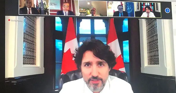  Canada’s Prime Minister Justin Trudeau during a virtual zoom meeting,