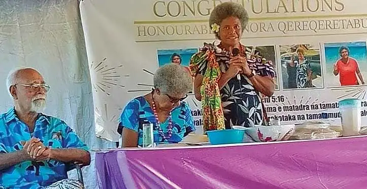 Deputy Speaker and Assistant Minister for Housing and Local Government Lenora Qereqeretabua, with her proud parents, Radike and Eta Qereqeretabua, in Dravuni.