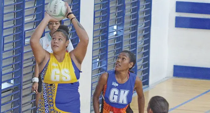 Nasinu Gold and Fijian Pearls Goal Shooter (GS) Lydia Panapasa lines-up a shot against the Ra Roosters in the Finance Hub Super League clash in Suva on June 24, 2023. Photo: Ronald Kumar