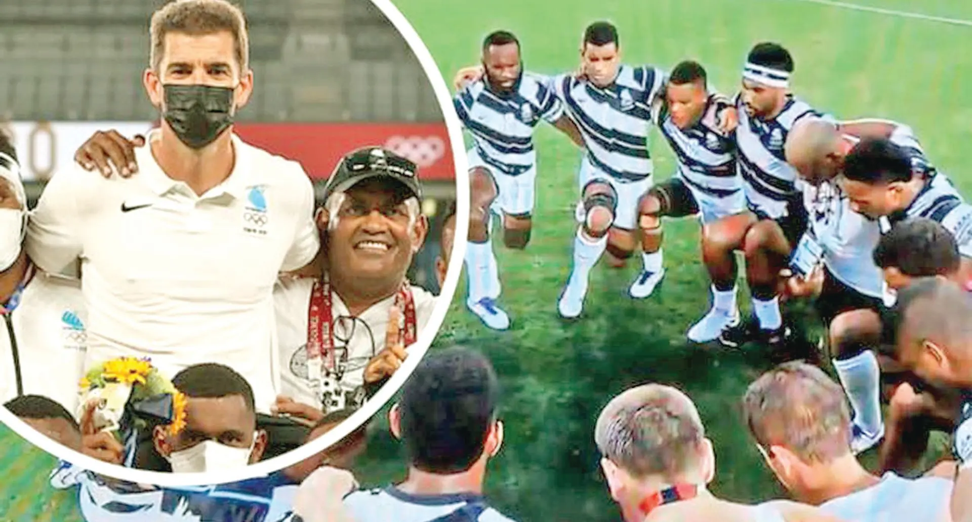 Inset: Coach Gareth Baber with manager Jone Niurua and the Fijian men’s rugby sevens team after winning the gold medal at the Tokyo 2020 Olympic Games.