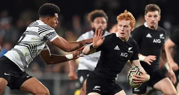 Fiji Airways Flying Fijians first five eighth, Ben Volavola attempt a tackle during their Test against the All Blacks at Forsyth Barr Stadium, Dunedin, on July 10, 2021. Photo: All Blacks Rugby