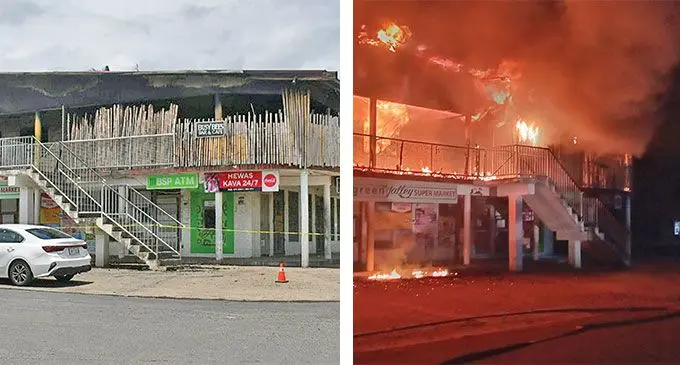 Left: The Hari Shankar building in Cuvu, Nadroga after the fire. Right:  Firefighters worked to save the rest of the building. 