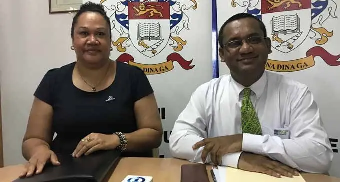 Fiji Institute of Accountants president Finau Nagera (left) and council member Rajeshwar Singh at a media brief on March 12, 2018  Photo: Sheldon Chanel 