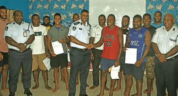 Divisional Police Commander West SSP Abdul Khan shakes the hands of Glen Cakautini as team looks on at the Namaka Police Bure  on February 28, 2018.  Photo:Waisea Nasokia