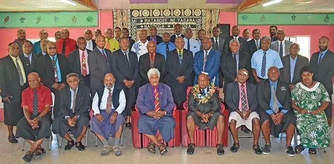Commissioner Western Joji Satakala (garland) with traditional leaders at the Nadroga/Navosa Provincial Council meeting at Nasigatoka Village on July 10, 2019. Photo: Waisea Nasokia