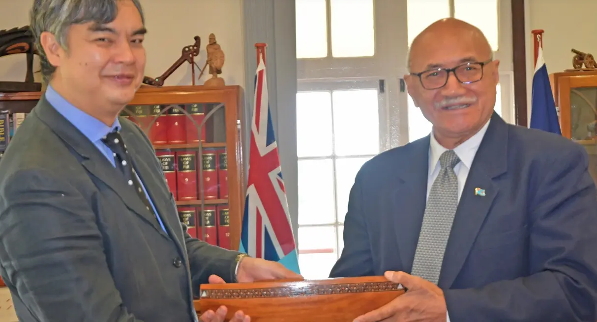 Outgoing  French Ambassador Sujiro Seam with President Major-General (Ret'd) Jioji Konusi Konrote. Photo: DEPTFO