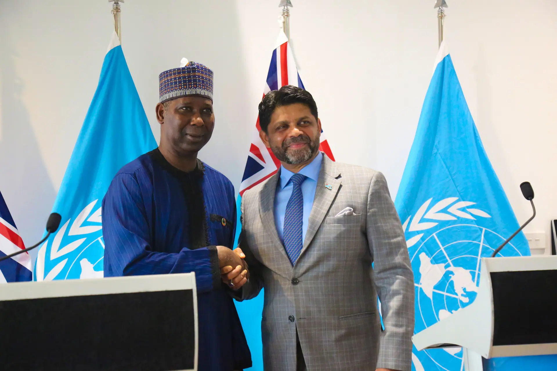 The president of the 74th Session of the United Nations General Assembly, Nigerian Dr Tijjani Muhammad-Bande (left), with Acting Prime Minister and Attorney-General Aiyaz Sayed-Khaiyum. Photo: Kelera Sovasiga