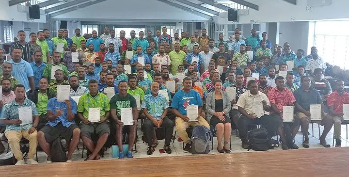 Minister for Employment, Productivity and Workplace Relations, Agni Deo Singh, with PALM workers at Khastriya Hall, Suva, on April 3, 2025. Photo: Kaneta Naimatau