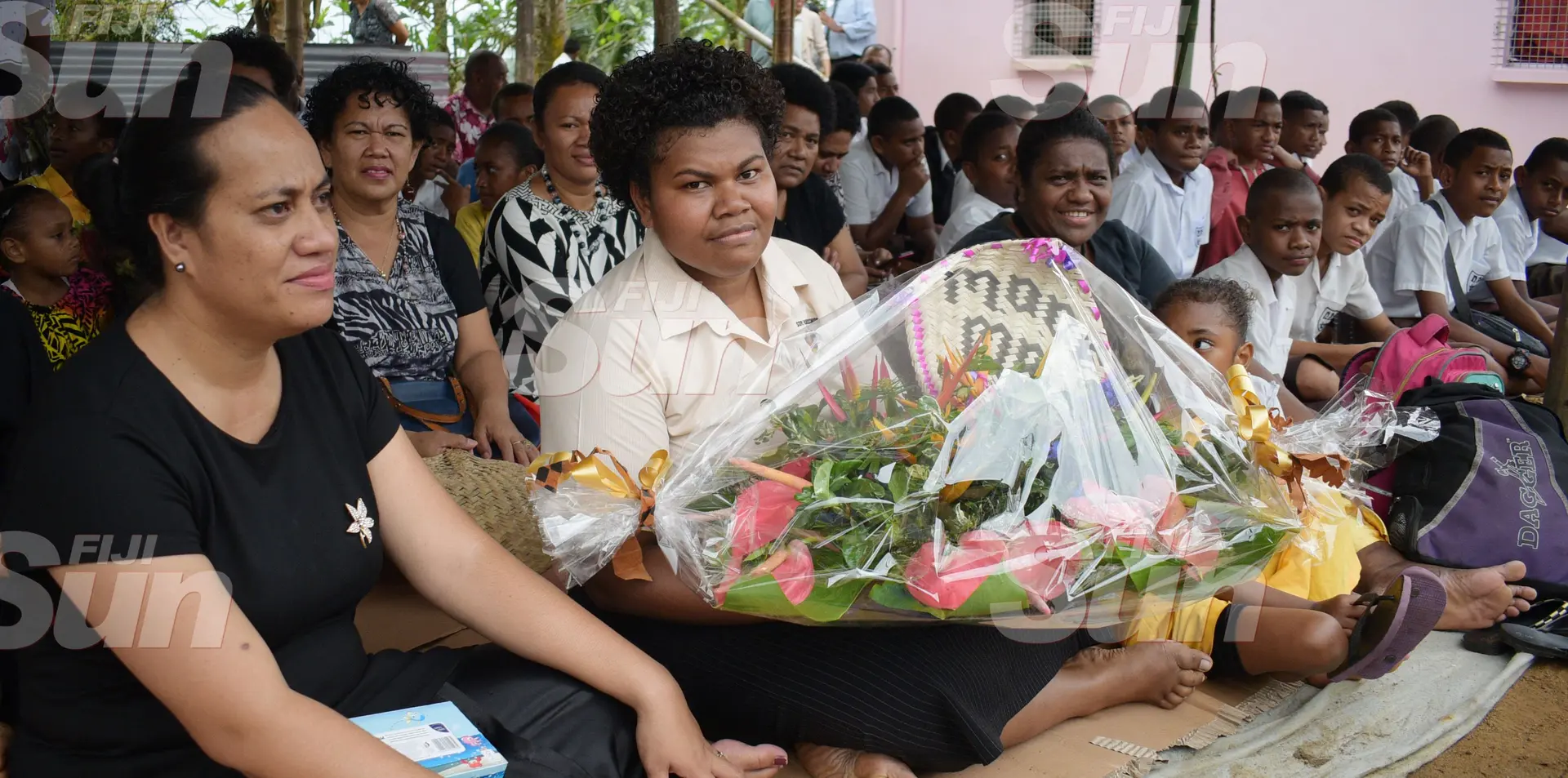 Teacher Pauline Gucake (left) with her students from Nausori Primary School during the funeral service of the late Makereta Miriama Mataika at Lakena HART home hall on October 15, 2019. Photo: Ronald Kumar