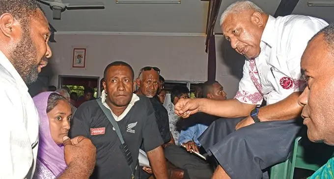 Prime Minister Voreqe Bainimarama speaks to the residents at the Consultation at the Sai Centre in Sigatoka yesterday. Photo: WAISEA NASOKIA
