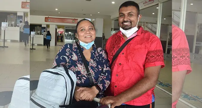 Prasneel Kumar (right), with his mother Shashi Lata, at the Nadi International Airport. Photo: Mereleki Nai