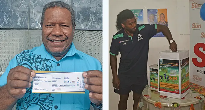 Waisale Dravou, was one of the six winners of the Fiji Sun Drua versus Chiefs ticket promotion which was drawn at the Nadi office on May 25, 2022. Photo: Mereleki Nai Swire Shipping Fijian Drua halbackback Frank Lomani draws the tickets for the Drua versus Chiefs ticket promotion at the Fiji Sun office in Nadi on May 25, 2022. Photo: Waisea Nasokia