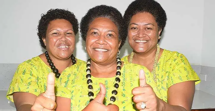 Happy to have their employment back are former Air Terminal Services (ATS) workers (from left) Viniana Druguta, Aliveta Camaibulu and Salote Lawakeli, following the signing in Suva with the Ministry of Finance on May 9, 2023. Photo: Ronald Kumar