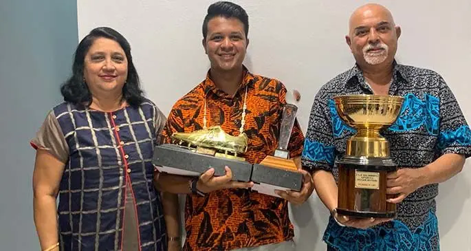 The 2021 Fiji Gujarati Sports Association’s Interdistrict Competition (IDC) Best Young Player of the Year award and the Highest Goal Scorer’s Yash Patel with his parents Geeta Ben Patel and father Suresh Patel. Photo: Supplied.