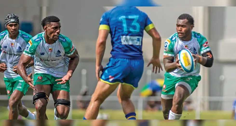 Swire Shipping Fijian Drua players from left: Isikeli Basiyalo, Mesake Vocevoce and Inia Tabuavou. Photo: Leon Lord