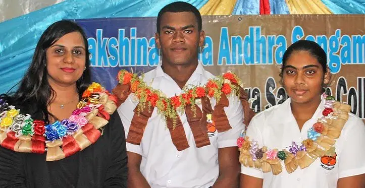 From left: Nadroga/Navosa Education Advisor Janice Nath, Sigatoka Andhra Sangam College head boy Sokonaia Tamaya and Head girl Shinam Prasad. Photo: Waisea Nasokia From left: Gurukul Primary School head teacher Sharmila Chand, head boy Pranav Mudaliar, head girl Shania Nair, Deputy head boy Veer Ram, Deputy head girl Aleisha Chand during the school’s prefects induction ceremony on March 14, 2023 in Lautoka. Photo: Salote