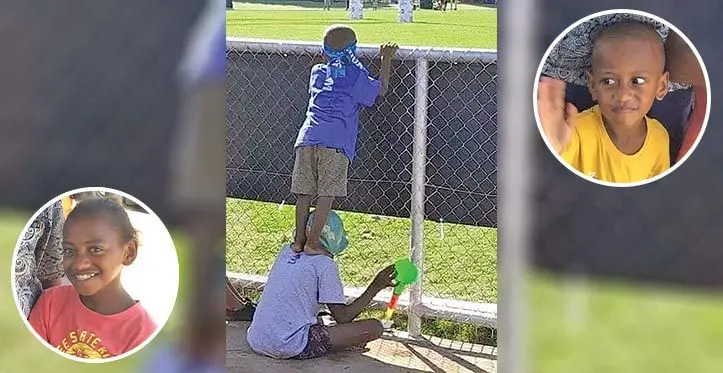 Vika Niunitoga letting her brother, Inia Niunitoga stand on her shoulders to watch the SWIRE SHIPPING FIJIAN DRUA and CRUSADERS last Saturday. This photo of them went viral on social media. Photo: Tuma Duikete