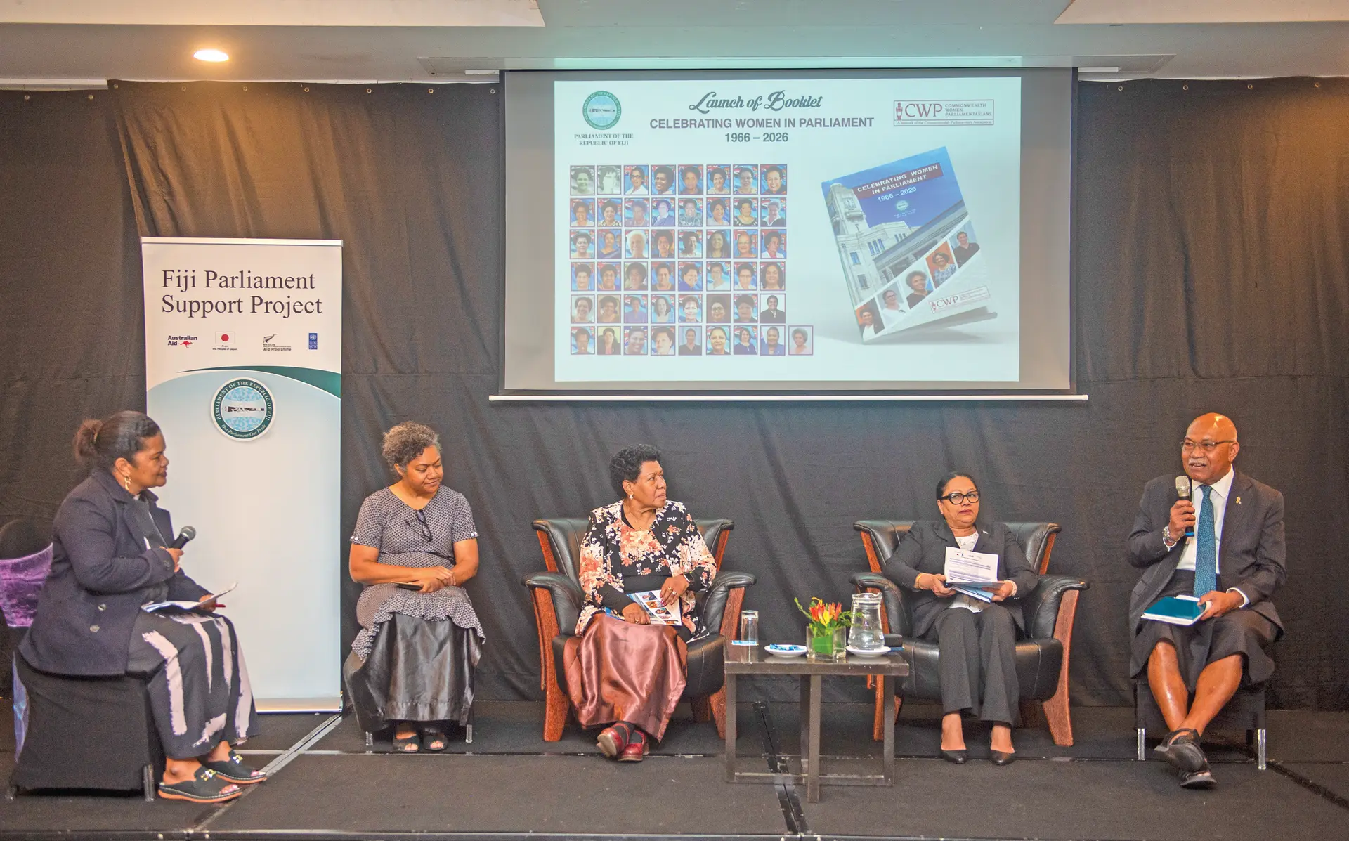 From left: Moderator Serafina Silaitoga, Fijian Media Association president and Fiji Sun editor in chief and publisher Rosi Doviverata, former Minister for Women, Social Welfare and Poverty Alleviation Adi Asenaca Caucau, Opposition Member of Parliament Premila Kumar and Speaker to Parliament Filimone Jitoko at the launch of the Commonwealth Women Parliamentarian (CWP) Fiji Group Booklet on August 3, 2026.