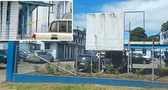 Totogo Police Station on February 13, 2024. (Inset: Part of the station was cordoned off yesterday as investigations continue on how drugs recently found in the Central Division were allegedly tampered with at the station). Photo: Ronald Kumar