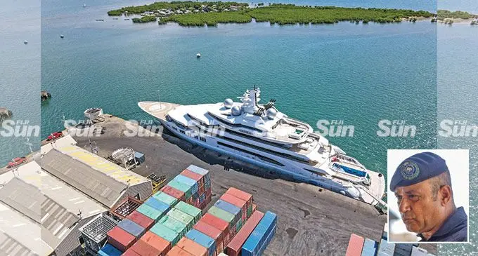 An aerial view of the superyacht Amadea at the Queens Wharf in the Port of Lautoka on April 15, 2022. INSET: Police Commissioner Brigadier-General Sitiveni Qiliho. Photo: Leon Lord