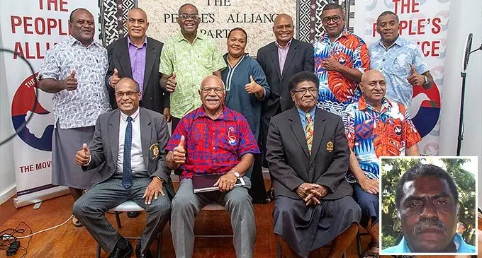 Seated from left: The People’s Alliance provisional candidate Rajendra Prasad, party leader Sitiveni Rabuka, provisional candidates Ratu Peceli Rinakama, Sila Balawa. Stand- ing from left: Apisalome Vunisa, Iokoba Jacob Karutake, Napolioni Nasara, Mereoni Duaibe, Tevita Boseiwaqa, Semi Leiwere and Noa Seru on October 17, 2022 at the party’s headquarters in Knollys Street, Suva. Photo: Leon Lord (Inset: Tomasi Tunabuna)