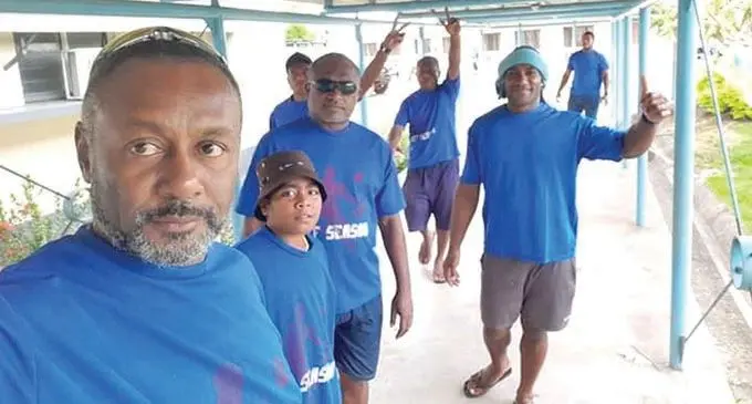 Nadi Rugby Union treasurer Jeff Tamata and players at Nadi Hospital on April 3, 2021