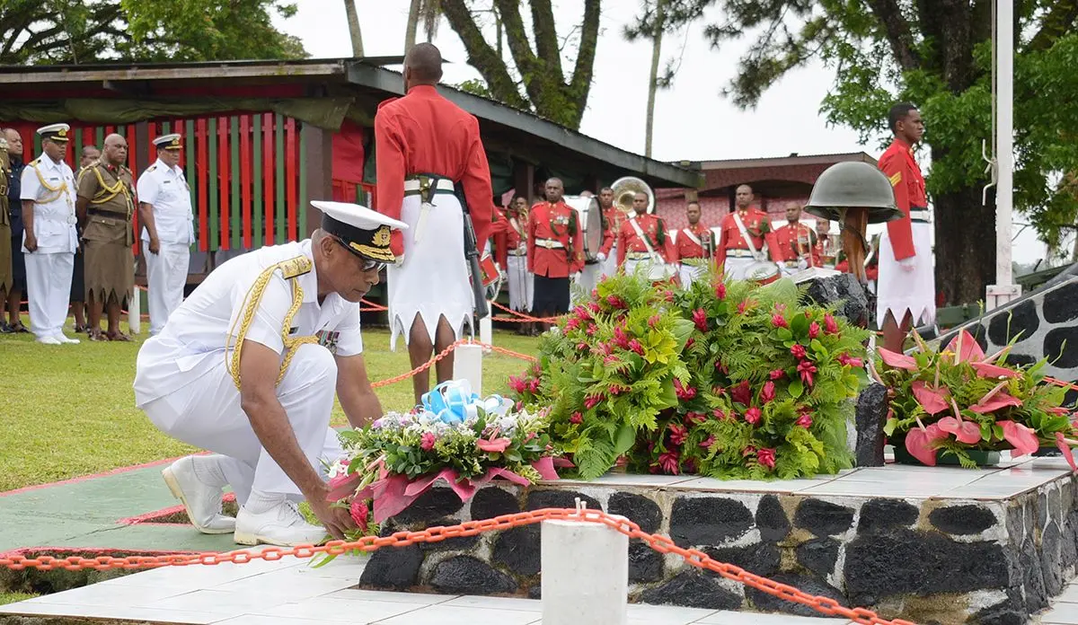 Republic of Fiji Military Forces (RFMF) Commander Rear Admiral Viliame Naupoto Viliame Naupoto laid the wreath to remember those who died at Queens Elizabeth Barracks during 2nd November, 2000 mutiny during Remembrance Day church service on 2 November, 2019 . Photo: Ronald Kumar.