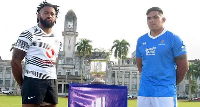 Vodafone Flying Fijians captain Waisea Nayacalevu on the left and Samoa captain Michael Ala'alatoa on the right. Photo: Ronald Kumar.