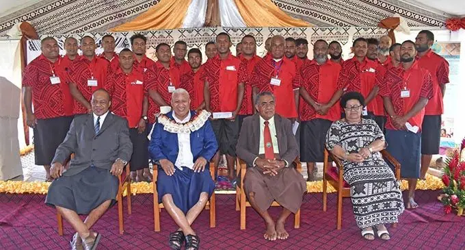  (front from left): Chairperson of the Native Lands and Fisheries Commission Ratu Sireli Vananalagi Vesikula, Prime Minister Voreqe Bainimarama, Talatala Qase, Wasewase o Bau Reverend Saimoni Namosimalau and Assistant Minister of iTaukei Affairs Selai Adimaitoga