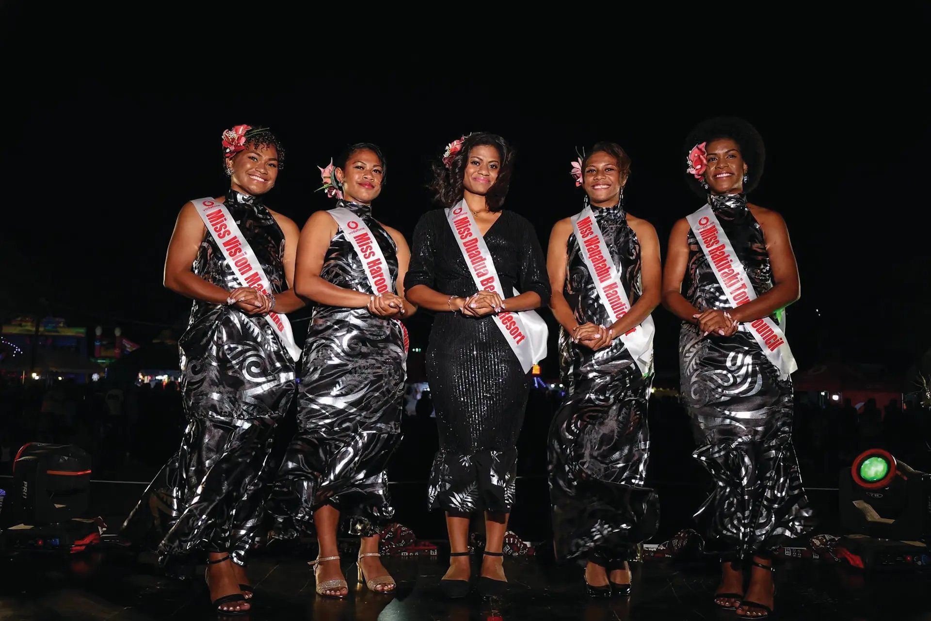 From left: 2026 Vodafone Rakiraki Carnival contestants Miss Vision Marketing Pte Limited Adi Vika, Miss Haroons Hardware Bulou Lilly Grace, Miss Duadua Beach Rosort Veronika Salusalu, Miss Waqatabu Handicraft Vasenai Tabu Talakuli, and Miss Rakiraki Town Council Vasiti Suraki.