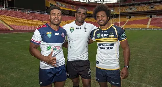 Fijians feature in the Brisbane Global 10s (from left) Samu Kerevi (Reds), Fijian Giants captain Mosese Voka and Henry Speight (Brumbies) at Suncorp Stadium  on February 8, 2018. Photo: Global 10s. 