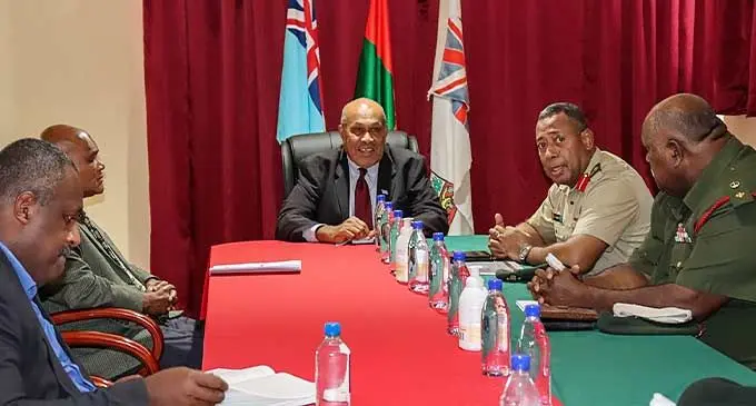 Minister for iTaukei Affairs Iferemi Vasu (middle), with Commander RFMF Major-General Ro Jone Kalouniwai and some RFMF personnels at the Queen Elizabeth Barracks in Nabua on February 9, 2024.