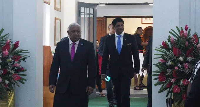 Prime Minister Voreqe Bainimarama (left) and Attorney-General Aiyaz Sayed-Khaiyum after the Parliament session on March 5, 2018. Photo: Simione Saravanua