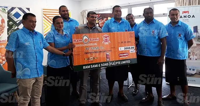 From left: Optimal Pacific general manager, Steven Mallam, Tanoa Plaza general manager Mere Rakoroi, Suva Rugby Union secretary, Tevita Tuiloa, Ram Sami Business Development manager, Abdul Shameer, Suva Rugby executive, Tevita Dawai, Event manager, Masau Magitilailai, Alipate Mataivilia and Nacanieli Radravu during the launch of the Suva Rugby Union TC Yasa/Ana 7s appeal at Tanoa Plaza, Suva, on February 5, 2021. Photo: Sereana Salalo